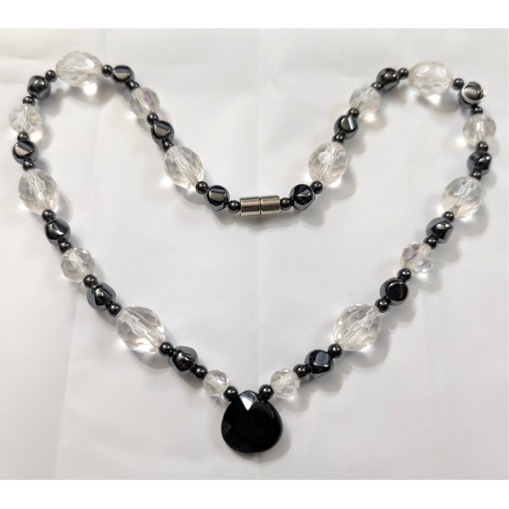 Vtg Black Clear 18" Necklace Magnetic Easy Clasp Beads Crystal Glass Cold Choker